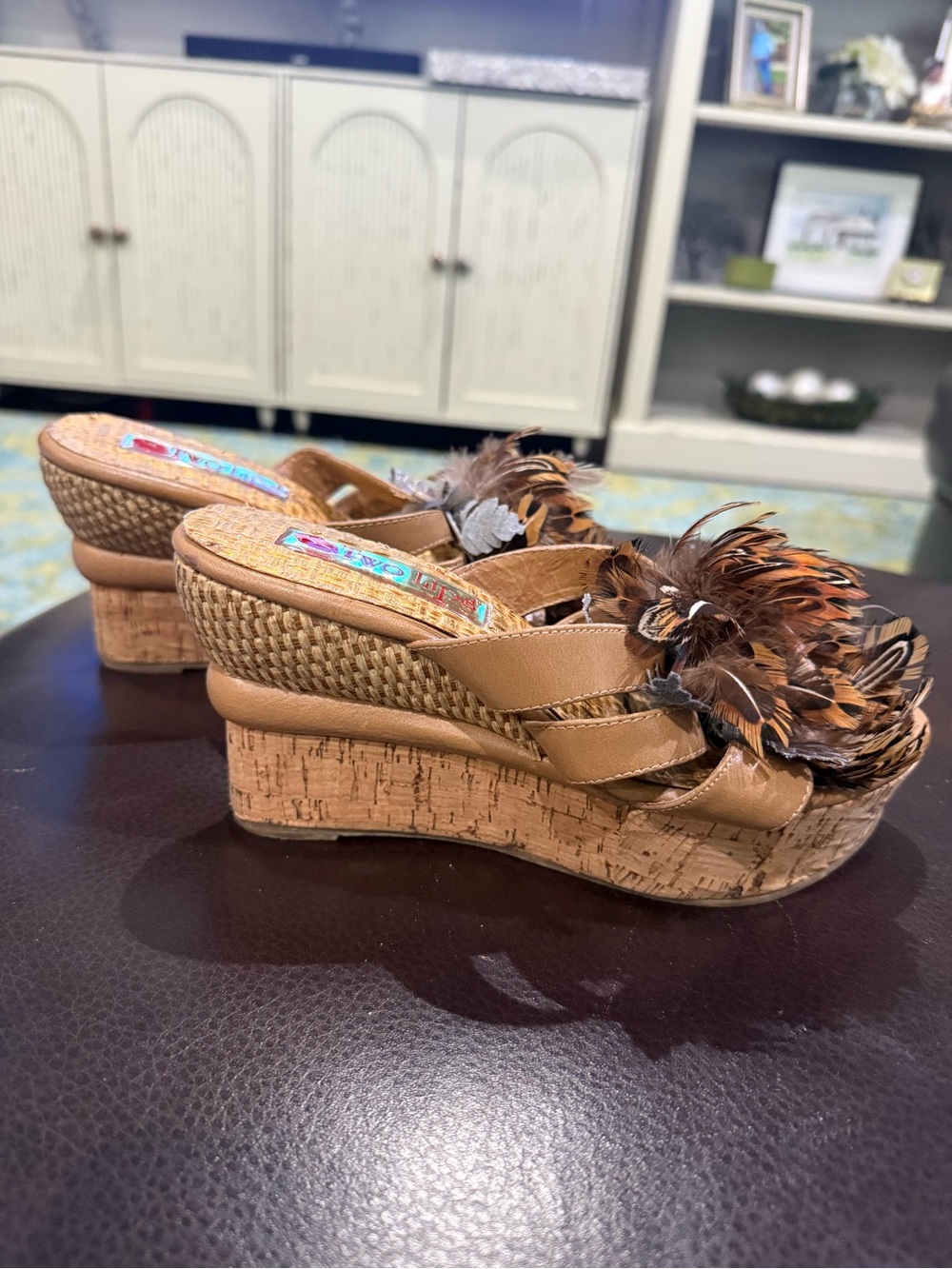 Two Lips Tan Cork Feather Wedge Sandals